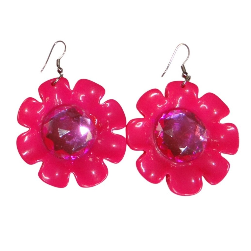 Vintage Estate‎ Hot Pink Flower Gem Dangle Earrings Women's Fun Fashion Jewelry